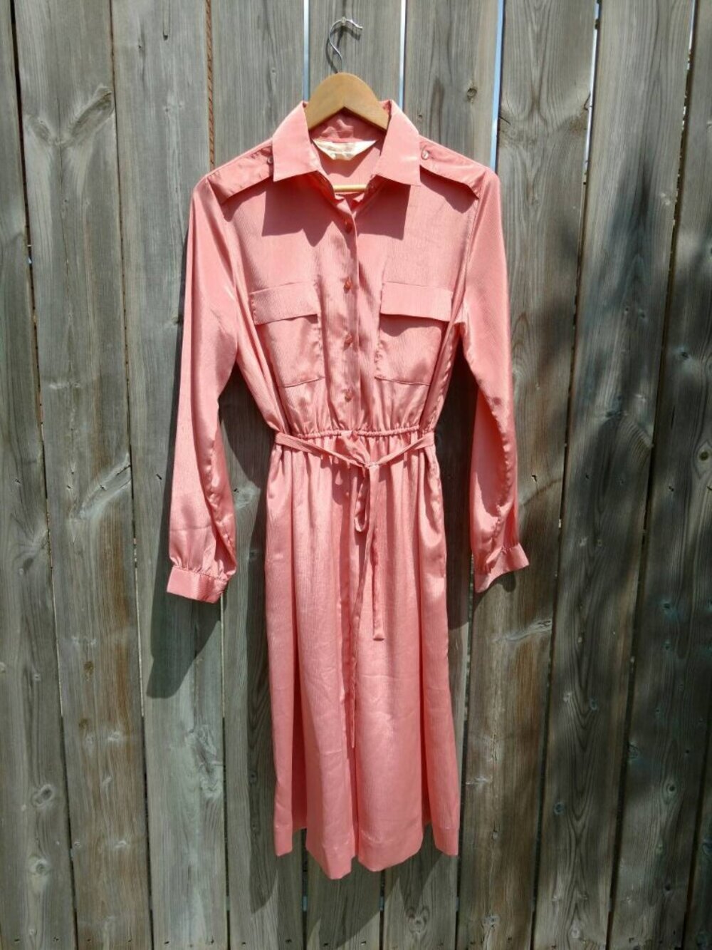 Vintage Pink Silky Dress 38" Bust Secretary Collar Pockets Long Sleeves - Picture 3 of 10